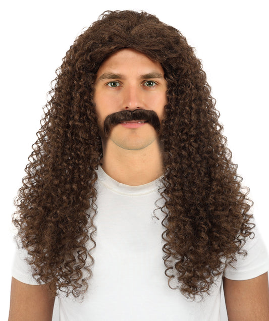 HPO Men's Long Curly Wig & Mustache Set for Men | Natural-Looking Brown Synthetic Hairpiece | Wig for Cosplay, Halloween & Stage Use