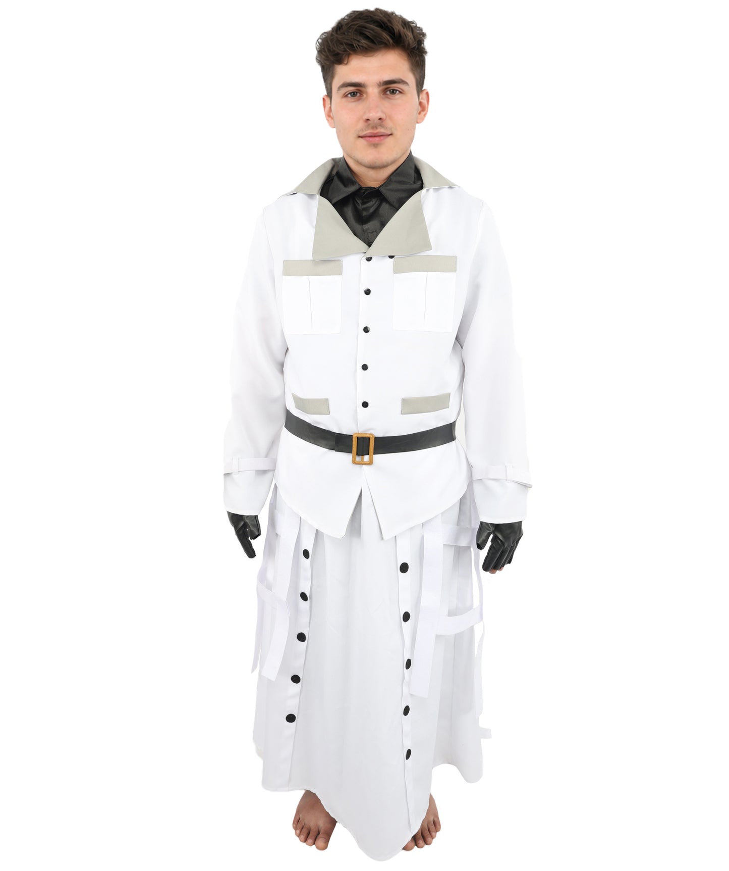 HPO Men's Sci-Fi Executive Officer Costume | White Trench Coat Uniform with Layered Black Scarf and Belts | Ideal for Halloween, Theater, Drag, and Gaming Events