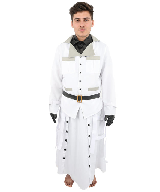 HPO Men's Sci-Fi Executive Officer Costume | White Trench Coat Uniform with Layered Black Scarf and Belts | Ideal for Halloween, Theater, Drag, and Gaming Events