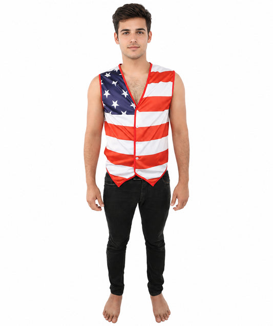 HPO Men's American Pride Waistcoat Costume | Sleeveless V-Neck Top Featuring USA Symbolism | Versatile for Stage Shows, Parades, and Election Parties