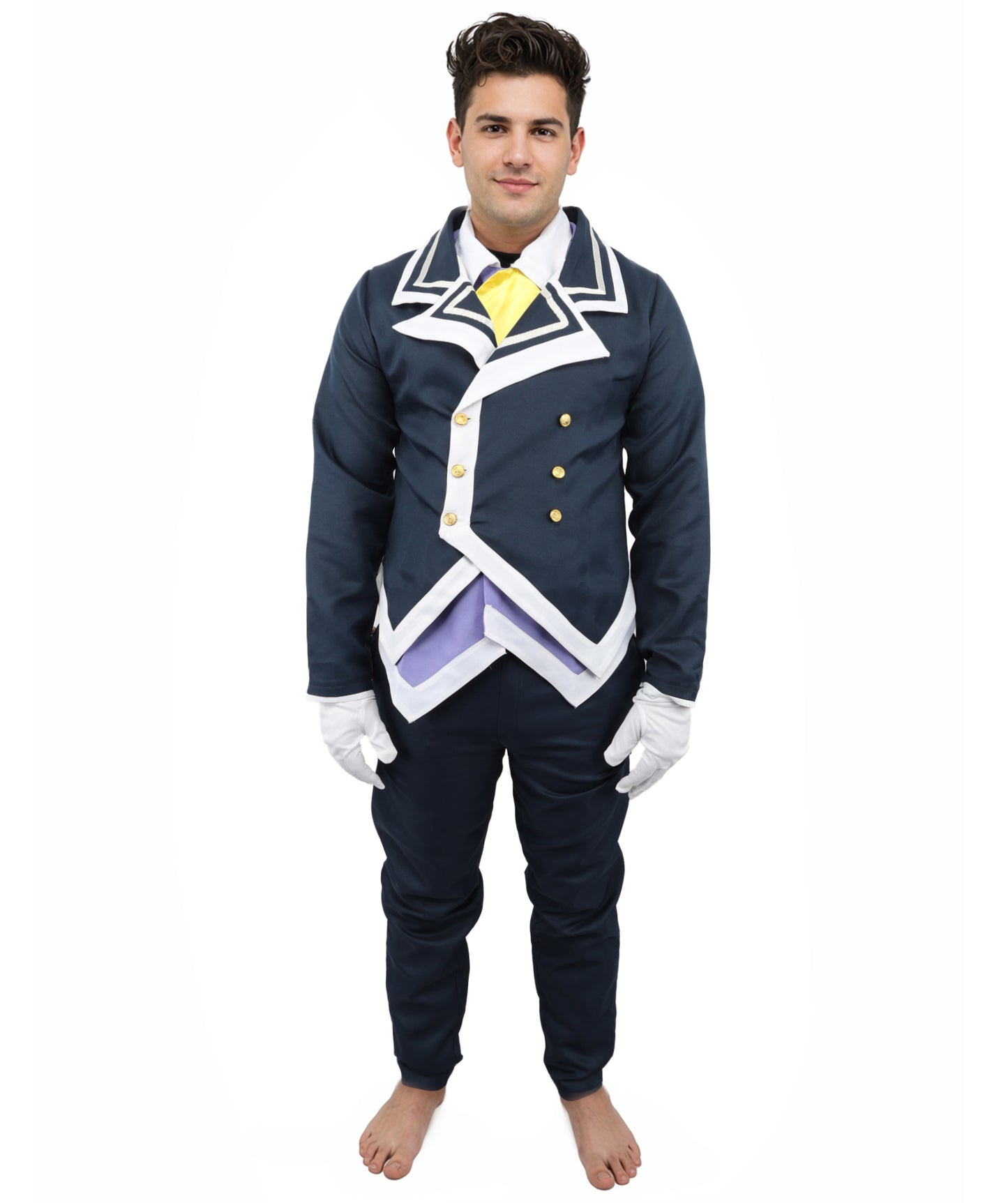 HPO Men's Noble Demon Duke Cosplay Navy Blue & White Suit | Includes Coat Pants Mock-Up Shirt Gloves | Crafted from Flame-retardant Synthetic Fabric | Adjustable Straps for Secure Fit