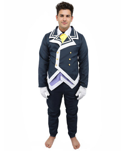 HPO Men's Noble Demon Duke Cosplay Navy Blue & White Suit | Includes Coat Pants Mock-Up Shirt Gloves | Crafted from Flame-retardant Synthetic Fabric | Adjustable Straps for Secure Fit