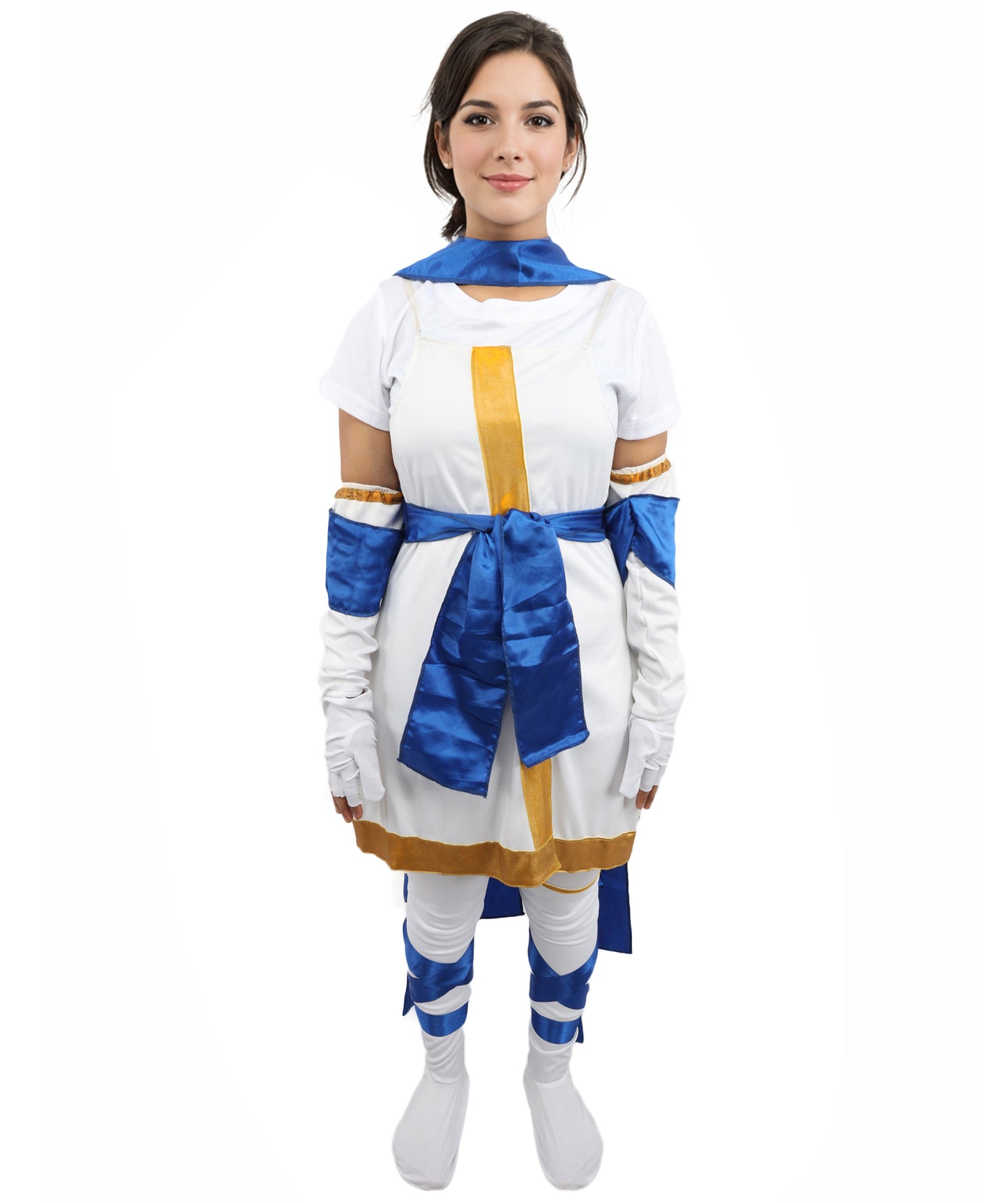 HPO Women's Anime Action Heroine Suit | White and blue jersey satin construction featuring a body garment, hand gloves, leg socks, belt, and bow | Ideal for party, Halloween, cosplay, theater, drag, performance, costume events