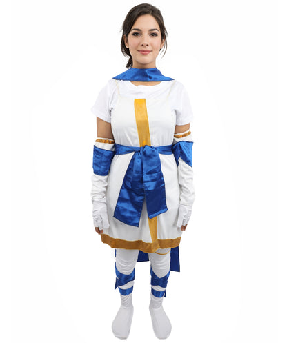 HPO Women's Anime Action Heroine Suit | White and blue jersey satin construction featuring a body garment, hand gloves, leg socks, belt, and bow | Ideal for party, Halloween, cosplay, theater, drag, performance, costume events