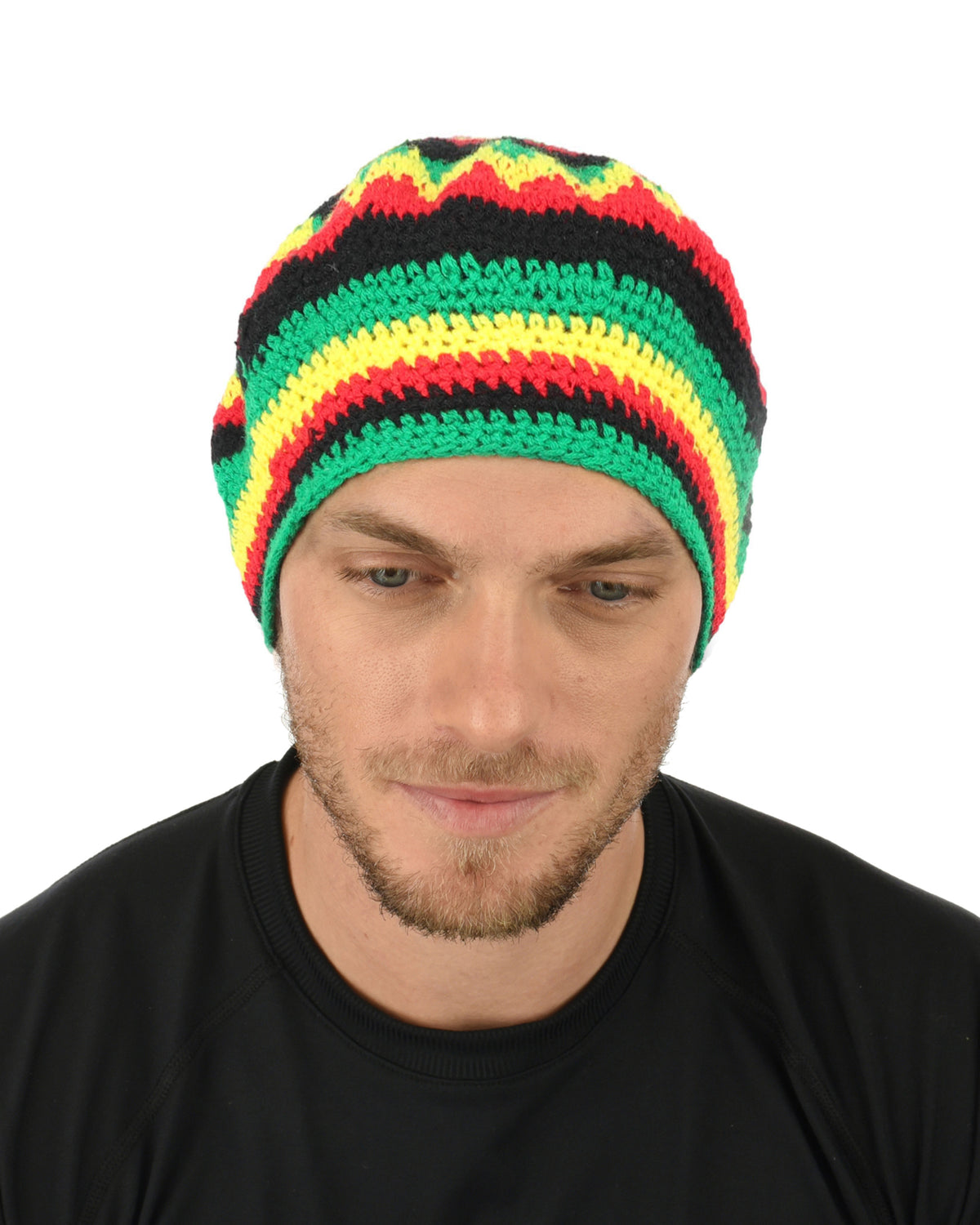 HPO Red Yellow Green Striped Rasta Beanie Hat Rainbow Knit Cap - Knitted Rainbow Headwear with Black Accents Rounded Relaxed Fit for Halloween Cosplay Parties & Events