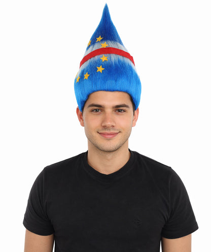 HPO Unisex Cabo Verde Sports Troll Wig – Spiky Fan Wig in National Colors for Patriotic Events and Football Matches | Synthetic Fiber Headpiece with Capless Cap