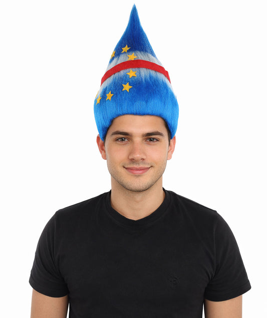 HPO Unisex Cabo Verde Sports Troll Wig – Spiky Fan Wig in National Colors for Patriotic Events and Football Matches | Synthetic Fiber Headpiece with Capless Cap