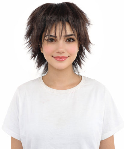 HPO Women's Spiky Layered Short Anime Wig – 12 Inch Natural Dark Brown Messy Wig with Capless Cap Design | Flame-retardant Synthetic Fiber for Costume, Halloween, Parties & Events
