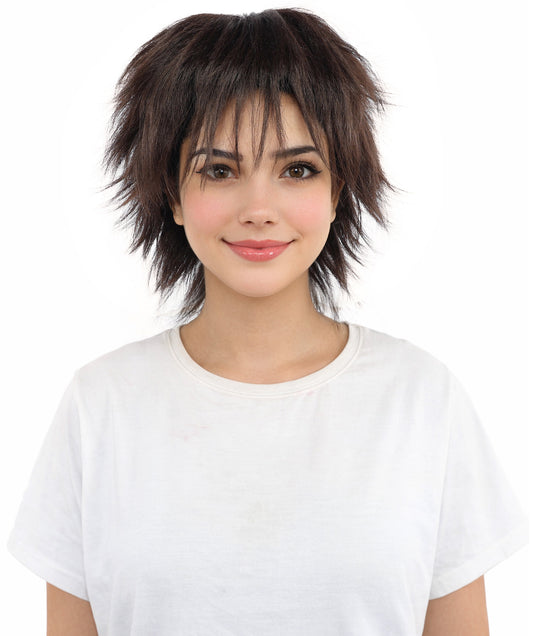 HPO Women's Spiky Layered Short Anime Wig – 12 Inch Natural Dark Brown Messy Wig with Capless Cap Design | Flame-retardant Synthetic Fiber for Costume, Halloween, Parties & Events