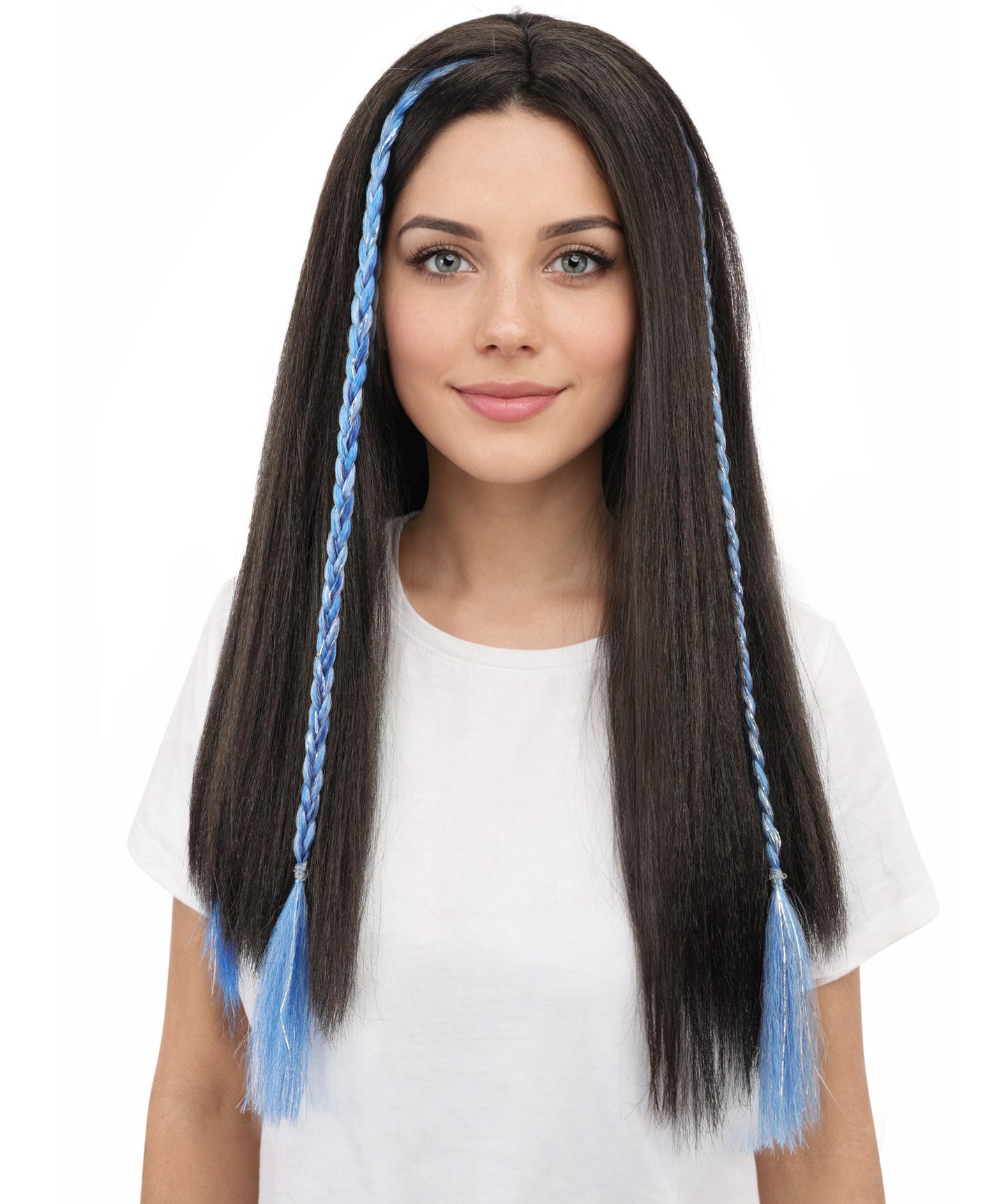 HPO Women's Sparkling Blue Tinsel Extension | Vibrant metallic blue hue, create of synthetic fiber and tinsel, long shimmering texture, clip-in base | Party, Halloween, theater, drag, performance, costume events