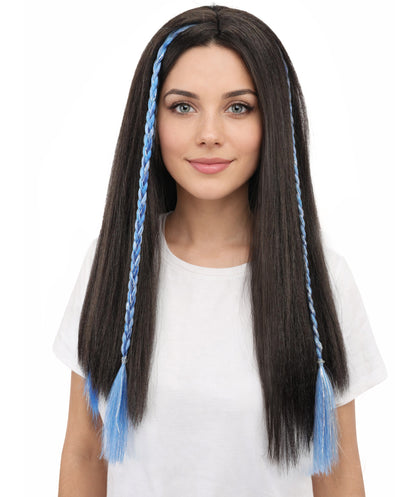 HPO Women's Sparkling Blue Tinsel Extension | Vibrant metallic blue hue, create of synthetic fiber and tinsel, long shimmering texture, clip-in base | Party, Halloween, theater, drag, performance, costume events