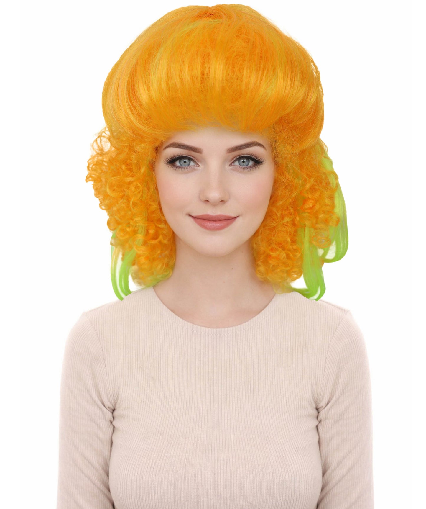 HPO Orange and Green Long Curly Wig for Women – Vibrant Gradient Party Wig with Bangs | Cosplay Fancy Dress Hairpiece for Halloween, Carnivals, Costume Events and Fun Nights
