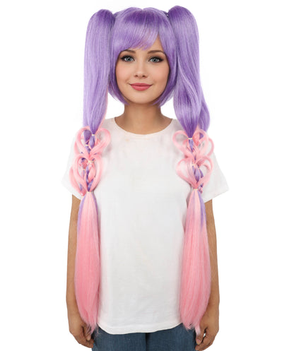 HPO Women's Heart Pigtail Character Wig | Dual-tone purple and pink, create of synthetic fiber, long structured pigtails with heart-shaped loops, breathable base | Party, Halloween, theater, drag, performance, costume events