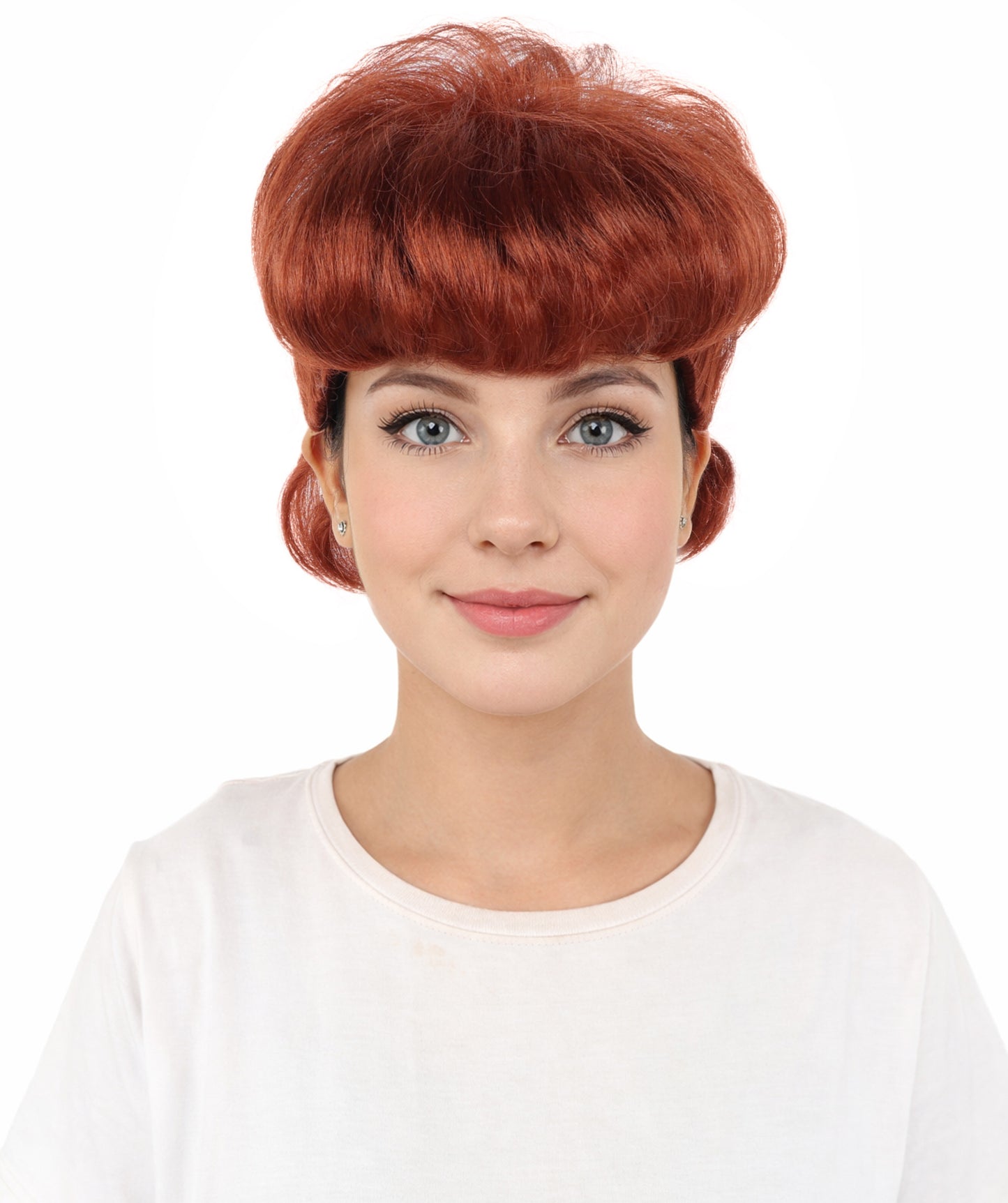 HPO Women's Retro Pin-Up Auburn Wig | Copper red tone, create of synthetic fiber, vintage curled bumper bangs with rolled back, breathable base | Party, Halloween, theater, drag, performance, costume events