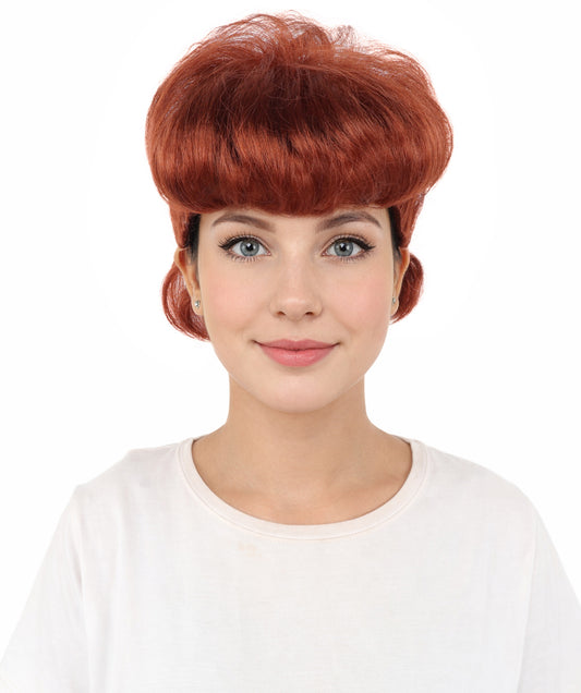 HPO Women's Retro Pin-Up Auburn Wig | Copper red tone, create of synthetic fiber, vintage curled bumper bangs with rolled back, breathable base | Party, Halloween, theater, drag, performance, costume events