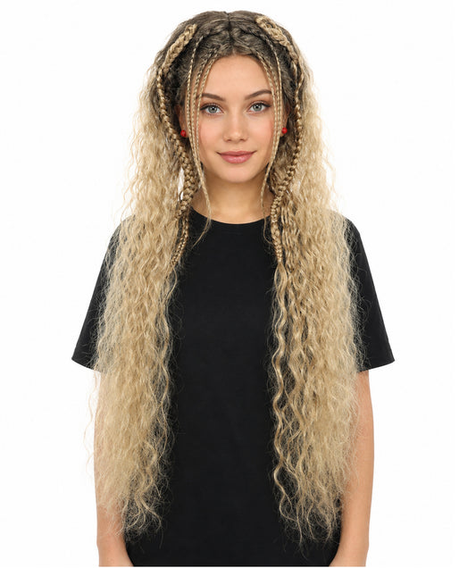 HPO Women's Extra Long Dark Brown & Ash Blonde Mixed Wig with Micro Braids | Loose Wavy Synthetic Hairpiece for Cosplay, Festivals, Stage Shows &  Parties