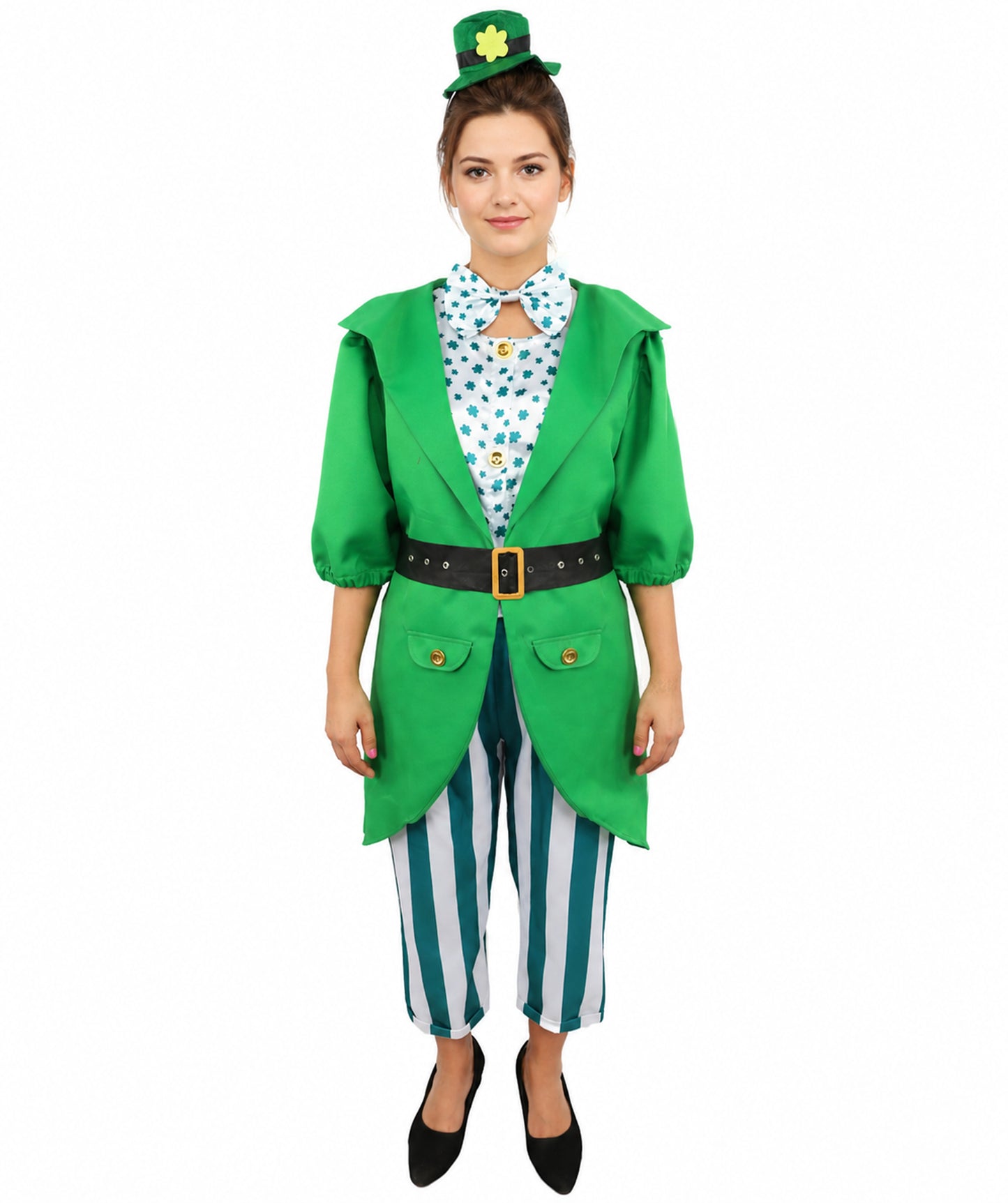 HPO Women's Irish Green Holiday Suit | Layered Shamrock Top and Knickers with Attached Belt | Versatile for Stage Shows, Pub Crawls, and Costume Parties