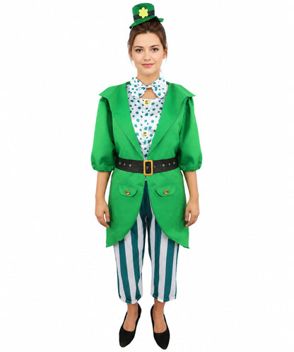HPO Women's Irish Green Holiday Suit | Layered Shamrock Top and Knickers with Attached Belt | Versatile for Stage Shows, Pub Crawls, and Costume Parties