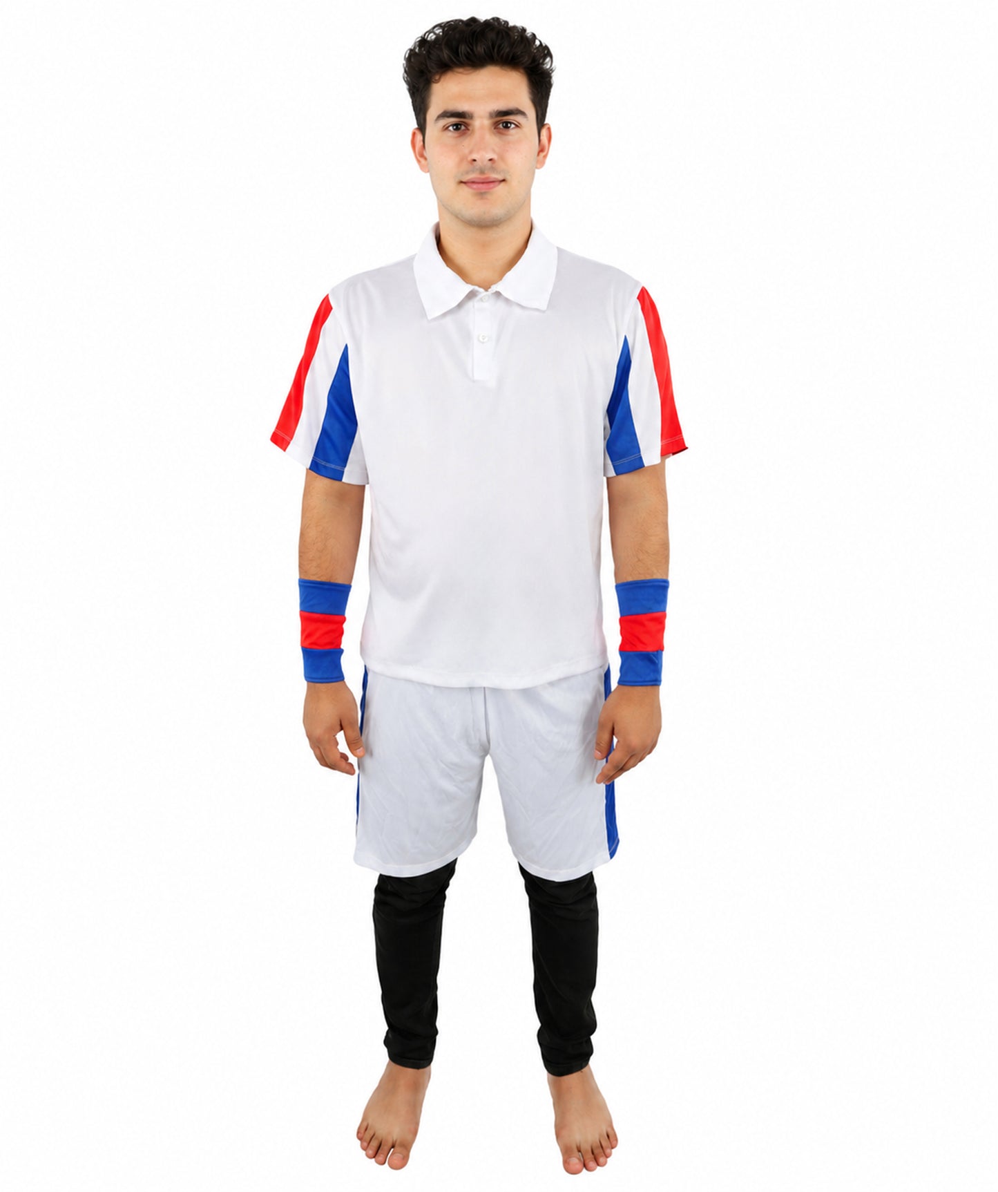 HPO Men's Retro Court Athlete Costume | White Polo and Shorts Set with Striped Accents | Ideal for Halloween, Theater, Drag, and 80s Sports Events