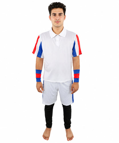 HPO Men's Retro Court Athlete Costume | White Polo and Shorts Set with Striped Accents | Ideal for Halloween, Theater, Drag, and 80s Sports Events