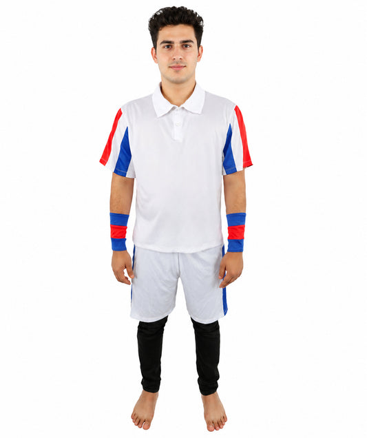 HPO Men's Retro Court Athlete Costume | White Polo and Shorts Set with Striped Accents | Ideal for Halloween, Theater, Drag, and 80s Sports Events