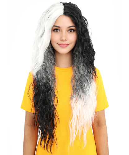 HPO Women’s Long Black and White Gothic Wig – 26 Inch Extra Long Wavy Two-Tone Hairpiece | Ideal for Halloween, Costume Parties & Themed Events