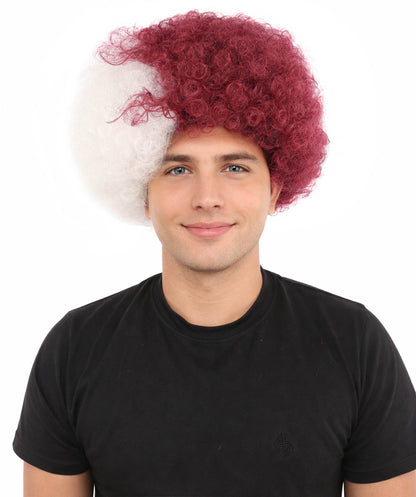 HPO Unisex Qatar Flag-Inspired Curly Maroon & White Sport Clown Wig – Voluminous Curl with Standard Cap | National Colors for Sports, Festivals & Cosplay
