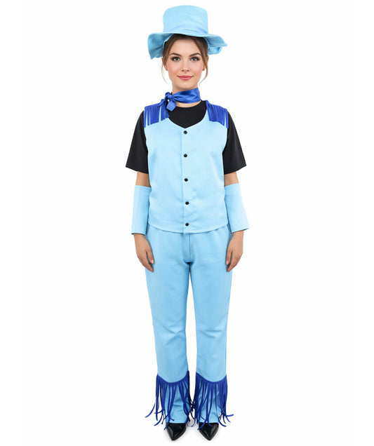 HPO Women's Western Cowgirl Costume – Blue & Black Rodeo Outfit with Hat, Vest, and Fringe Pants – Fashion wear for Party & Cosplay