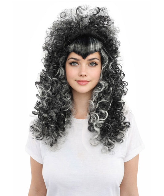 HPO Women's Vampire Mistress Curly Wig | Long Layered Black Hair with White Highlights and Teased Roots | Classic Horror Cosplay and Theme Parties