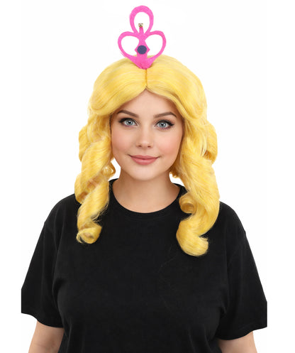 HPO Women's Magical Fairy Princess Wig | 13 Inch Yellow Sausage Curls Pink Tiara | Party Halloween Cosplay Theater Movie Costume Events