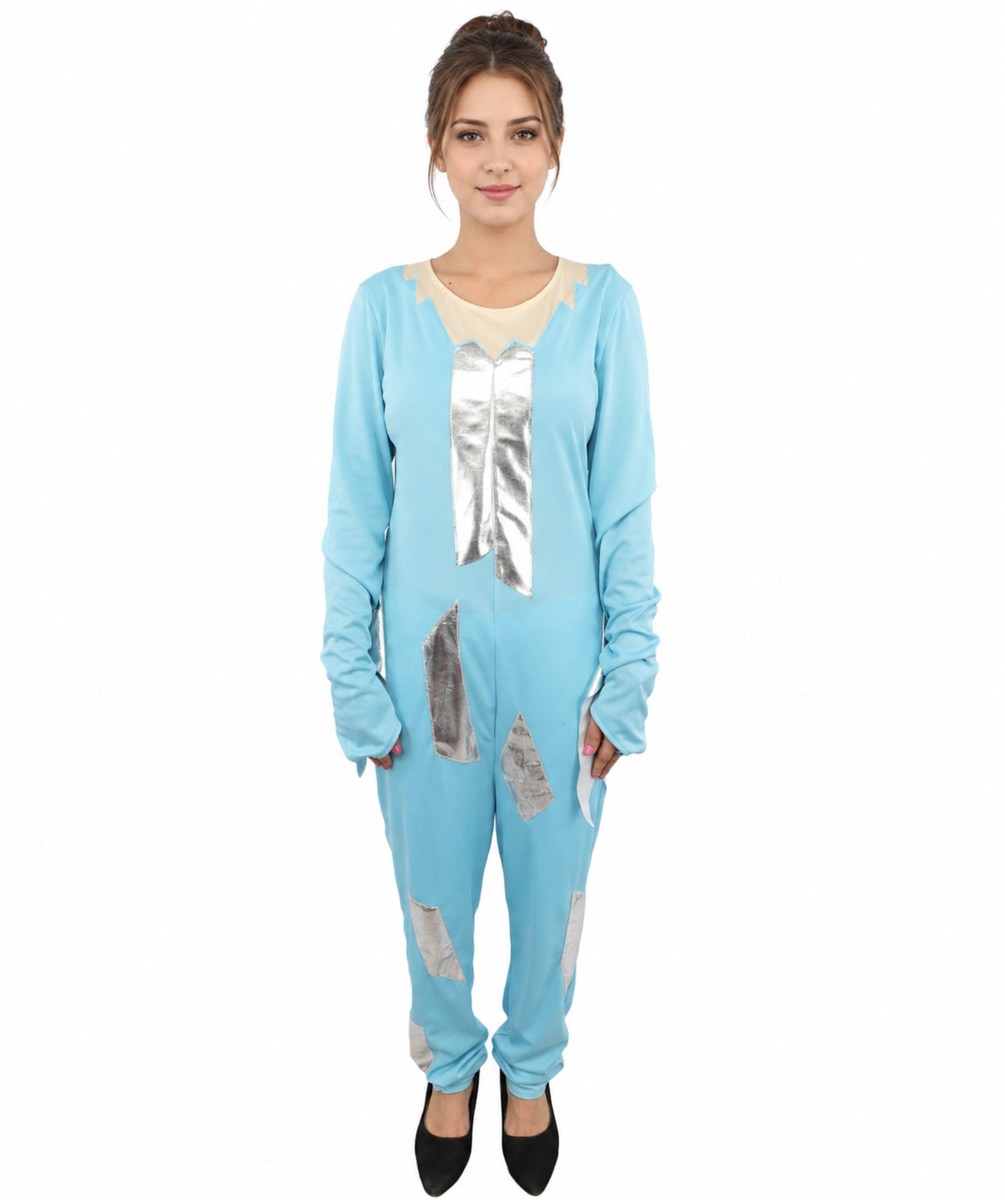 HPO Women's Ice Blue Jumpsuit Costume | Shimmering Synthetic Febric Bodysuit with Metallic Accents and Fringe | Idal for Halloween, Cosplay, Drag, and Themed Events