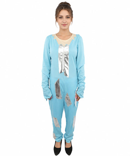 HPO Women's Ice Blue Jumpsuit Costume | Shimmering Synthetic Febric Bodysuit with Metallic Accents and Fringe | Idal for Halloween, Cosplay, Drag, and Themed Events