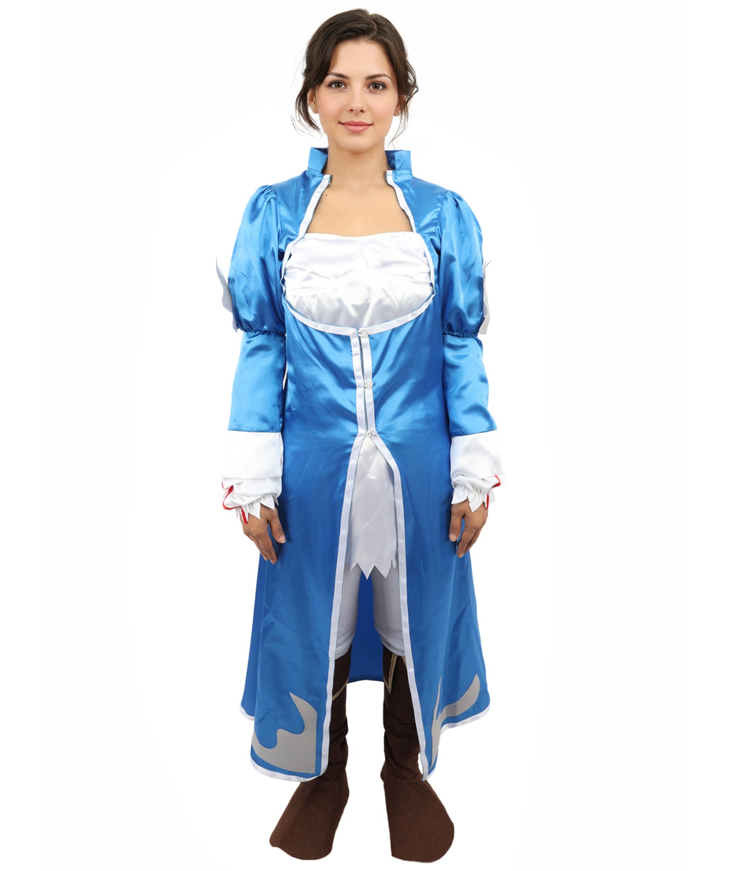 HPO Women's Anime Sorceress Roleplay Suit | Flowing white and blue satin jersey construction featuring a long dress, hand gloves, and leg socks | Ideal for party, Halloween, cosplay, theater, drag, performance, costume events
