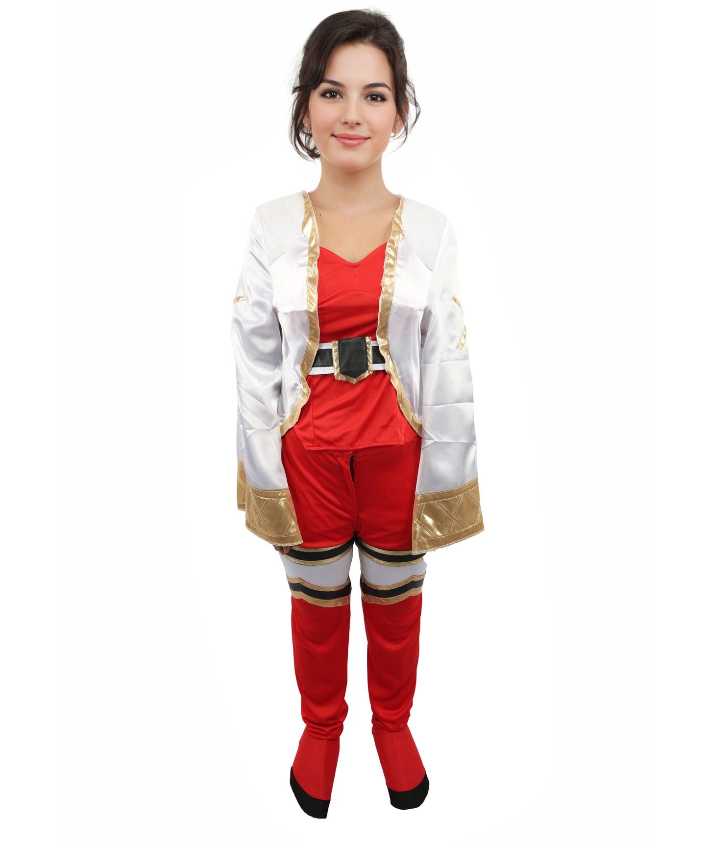 HPO Women's Anime Warrior Fashion Suit | Vibrant red and white jersey satin construction featuring a body, pant, koti, and leg socks | Ideal for party, Halloween, cosplay, theater, drag, performance, costume events
