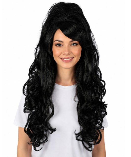 HPO Amy Winehouse Inspired Wig – Beehive Black Wig with Volume – Retro 60s Style Costume Wig for Women – Iconic Look for Halloween, Themed Parties, Tribute Events & Cosplay