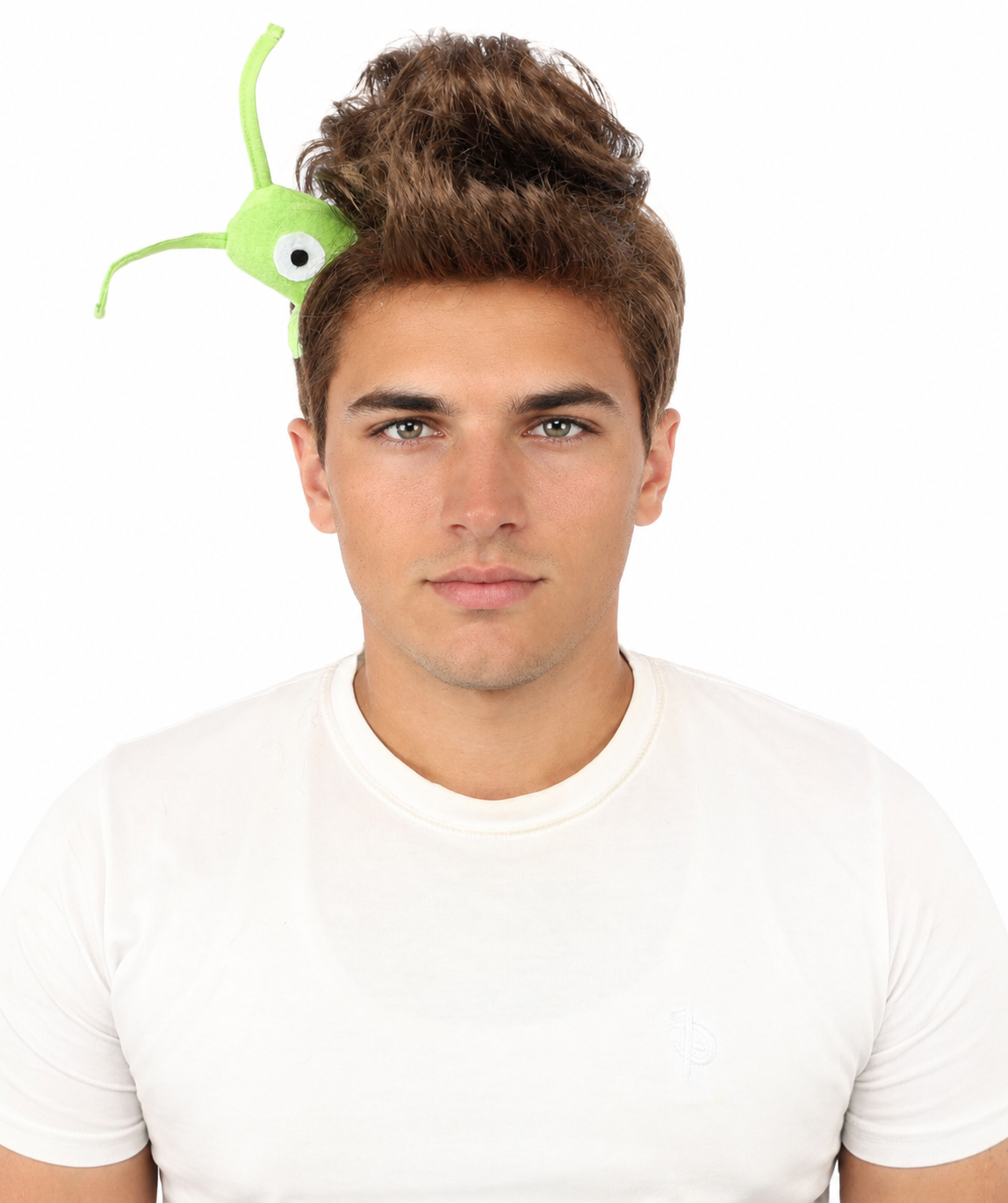 HPO Men's Brain Slug Orange Wig | Medium Spiked Synthetic Hair with Attached Green Alien Plush and Messy Texture | Sci-Fi Cosplay, Halloween, Cartoon Theme Party, and Funny Costume Accessories