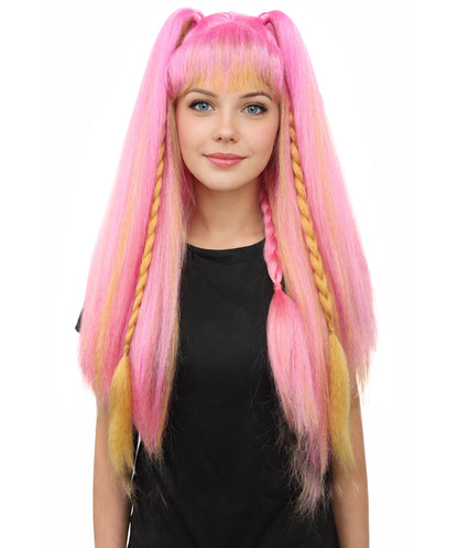 HPO Women's Pastel Candy Fantasy Wig | Pink and yellow gradient hues, create of synthetic fiber, long crimped texture with blunt bangs, breathable base | Party, Halloween, theater, drag, performance, costume events