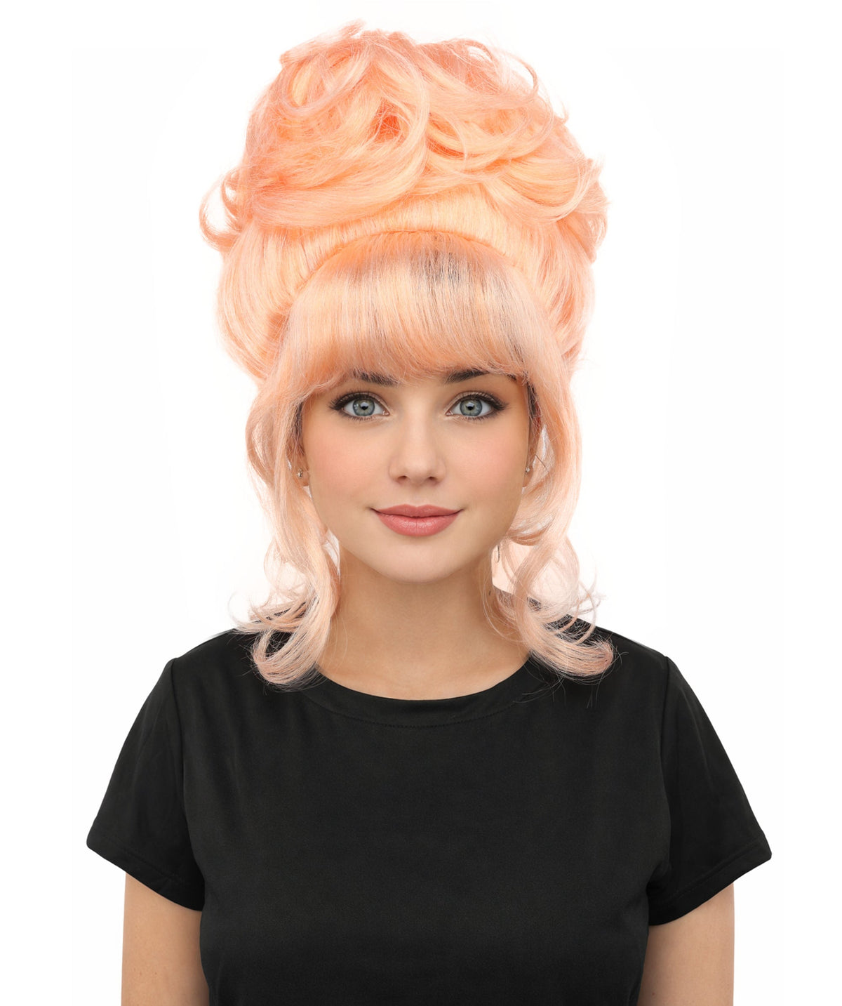 HPO Adult Women's Elegant Updo Tendril Wig | Multiple Color Options | Pastel peach hue, create of synthetic fiber, high teased volume with face-framing strands, breathable capless cap | Party, Halloween, theater, drag, performance, costume events