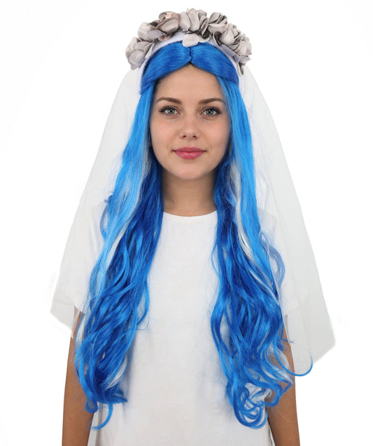 Women's Adult & Teen Blue Wavy Wig with Veil | 28 Inch Extra Long Synthetic Costume Wig with Floral Headband | Fantasy Bridal Style for Halloween, Cosplay, & Party Events
