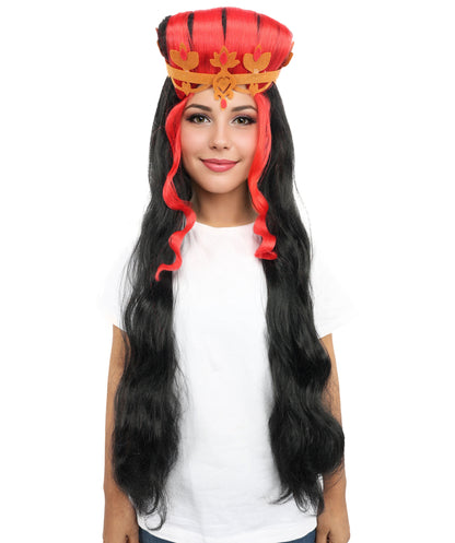 HPO Women’s Black and Red Extra Long Wig – Wavy Cosplay Wig with Braided Crown and Extra Length | Fancy Dress Costume Hairpiece with Adjustable Cap for Parties
