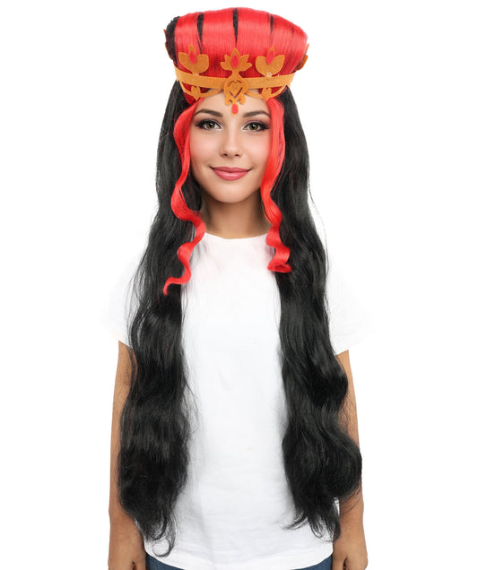 HPO Women’s Black and Red Extra Long Wig – Wavy Cosplay Wig with Braided Crown and Extra Length | Fancy Dress Costume Hairpiece with Adjustable Cap for Parties