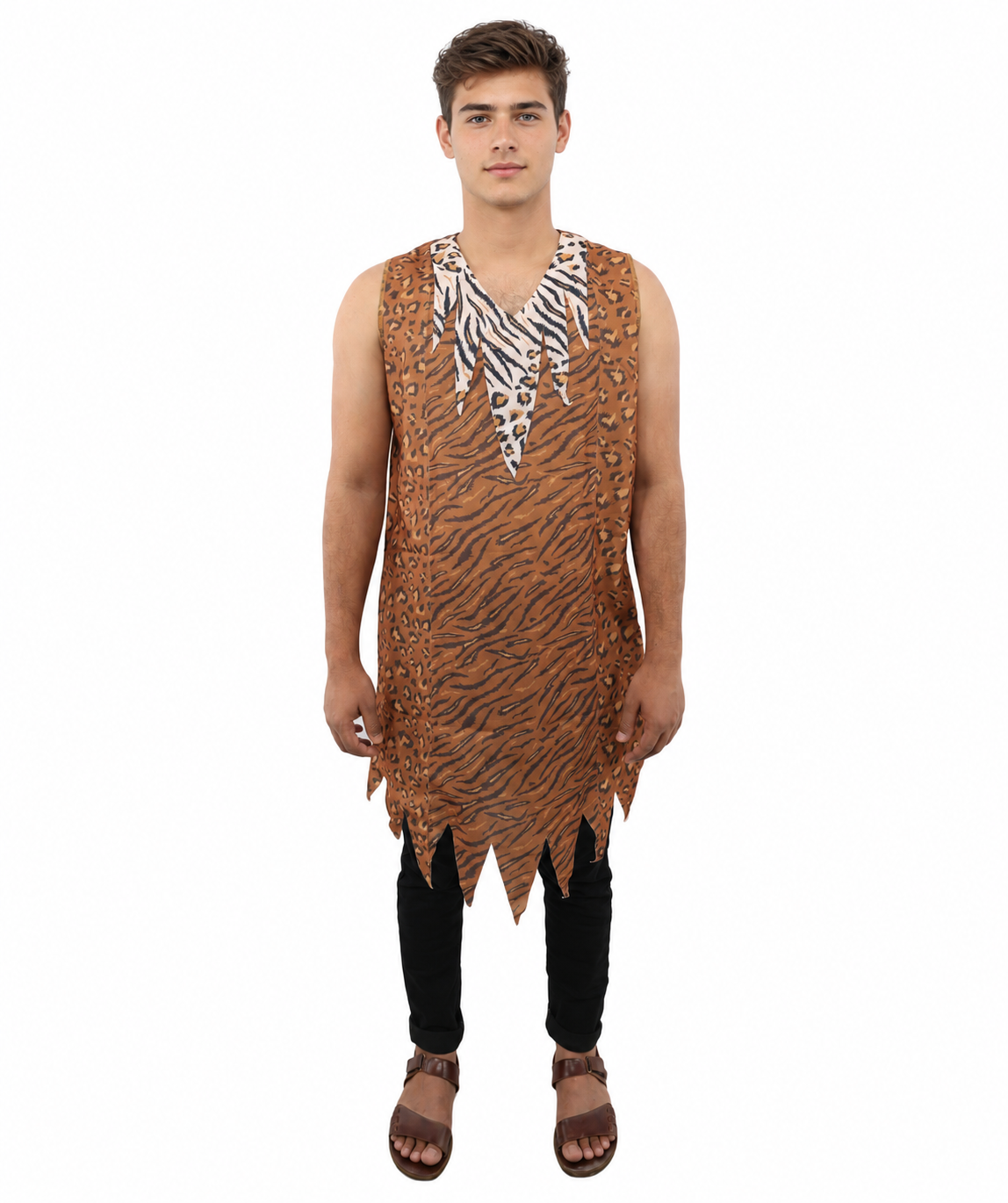 HPO Men’s Tiger-striped Prehistoric Caveman Tunic Costume | Sleeveless Jungle Outfit | Ideal for Halloween, Cosplay, and Theme Parties