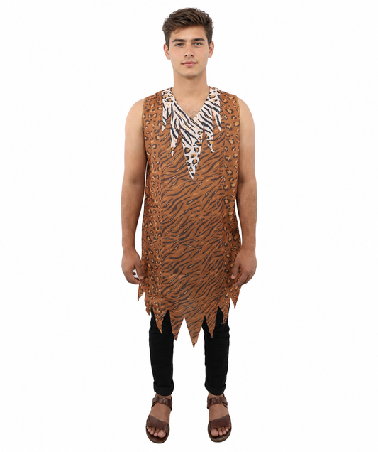 HPO Men’s Tiger-striped Prehistoric Caveman Tunic Costume | Sleeveless Jungle Outfit | Ideal for Halloween, Cosplay, and Theme Parties