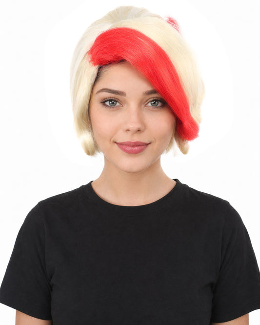 HPO Women's Vibrant Red & Blonde Character Wig | Extra Long Synthetic Hair with Layered Bangs | Adjustable Breathable Cap for Cosplay, Halloween & Stage