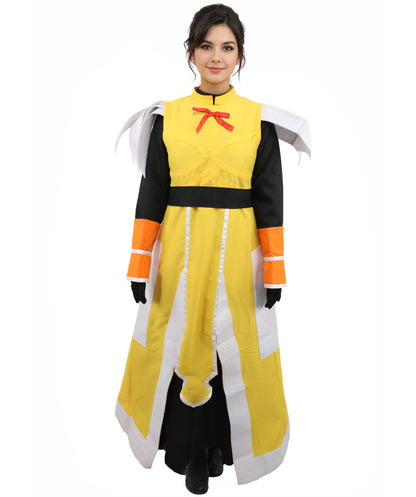 HPO Fantasy Warrior Dress Suit | Yellow and black uniform nw construction featuring a main body dress, hand gloves, and structured belt | Ideal for party, Halloween, cosplay, theater, drag, performance, costume events