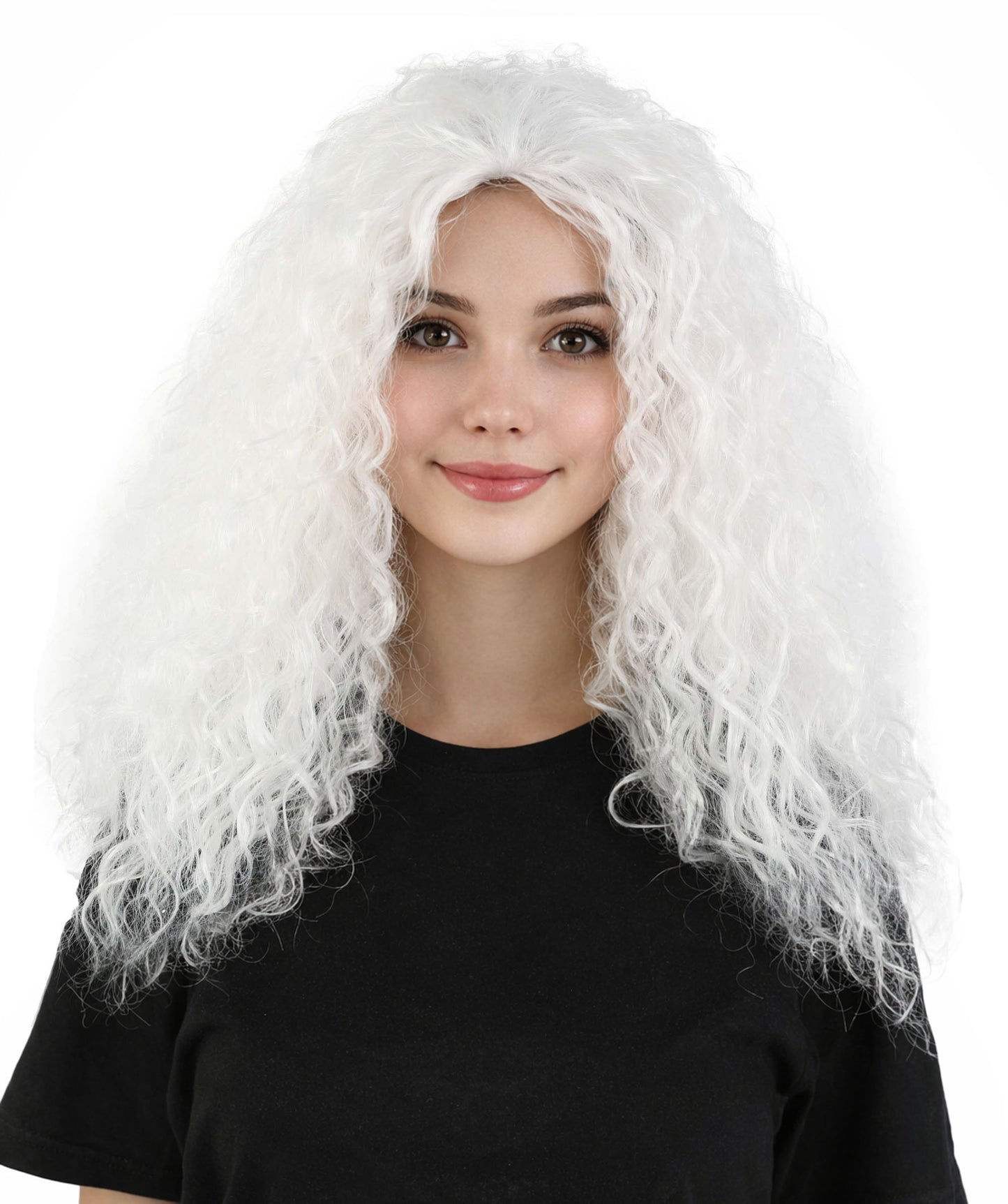 HPO Women’s 21” White Long Curly Wig | High Heat-Resistant Synthetic Costume Hairpiece | Lightweight Breathable Cap for Halloween, Cosplay & Party Dress-Up