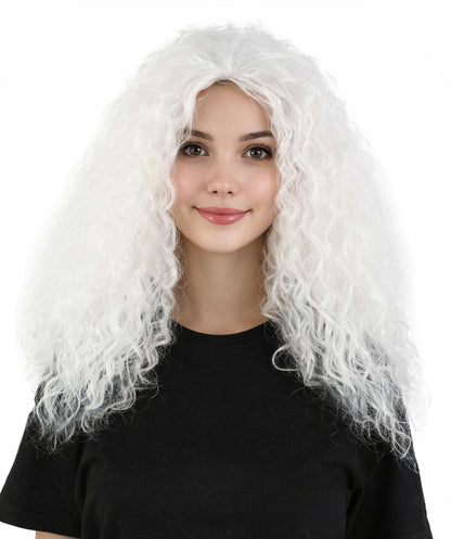 HPO Women’s 21” White Long Curly Wig | High Heat-Resistant Synthetic Costume Hairpiece | Lightweight Breathable Cap for Halloween, Cosplay & Party Dress-Up