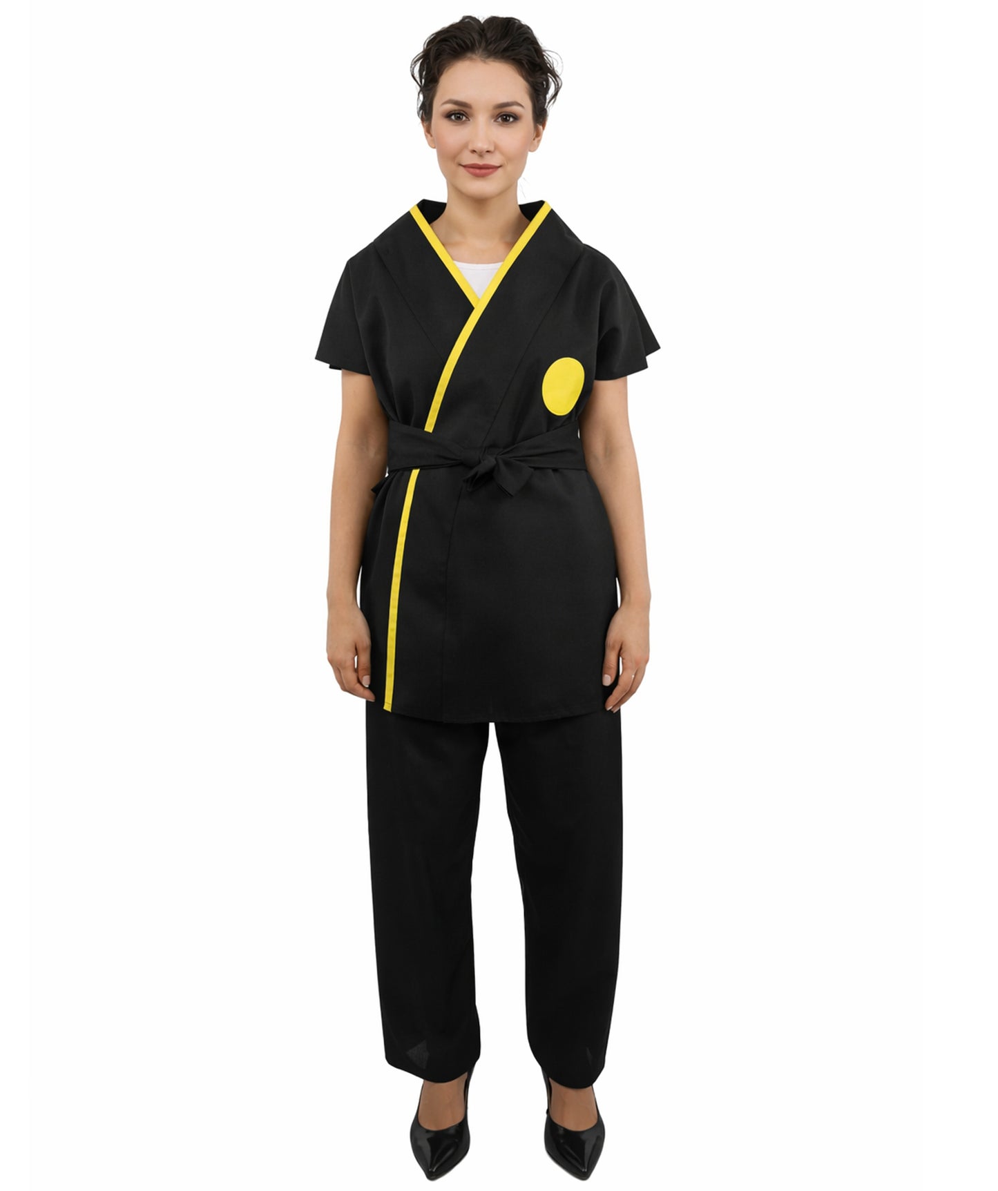 HPO Women’s Black Martial Arts Costume – Sleeveless Top, Belt & Trousers Outfit Set  | Theme Party & Cosplay Presentation Wear