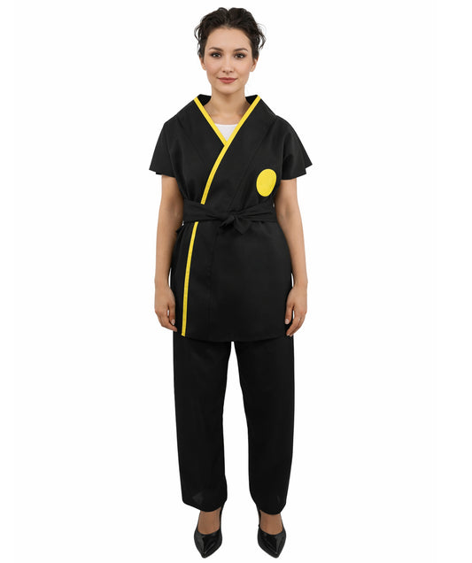 HPO Women’s Black Martial Arts Costume – Sleeveless Top, Belt & Trousers Outfit Set  | Theme Party & Cosplay Presentation Wear