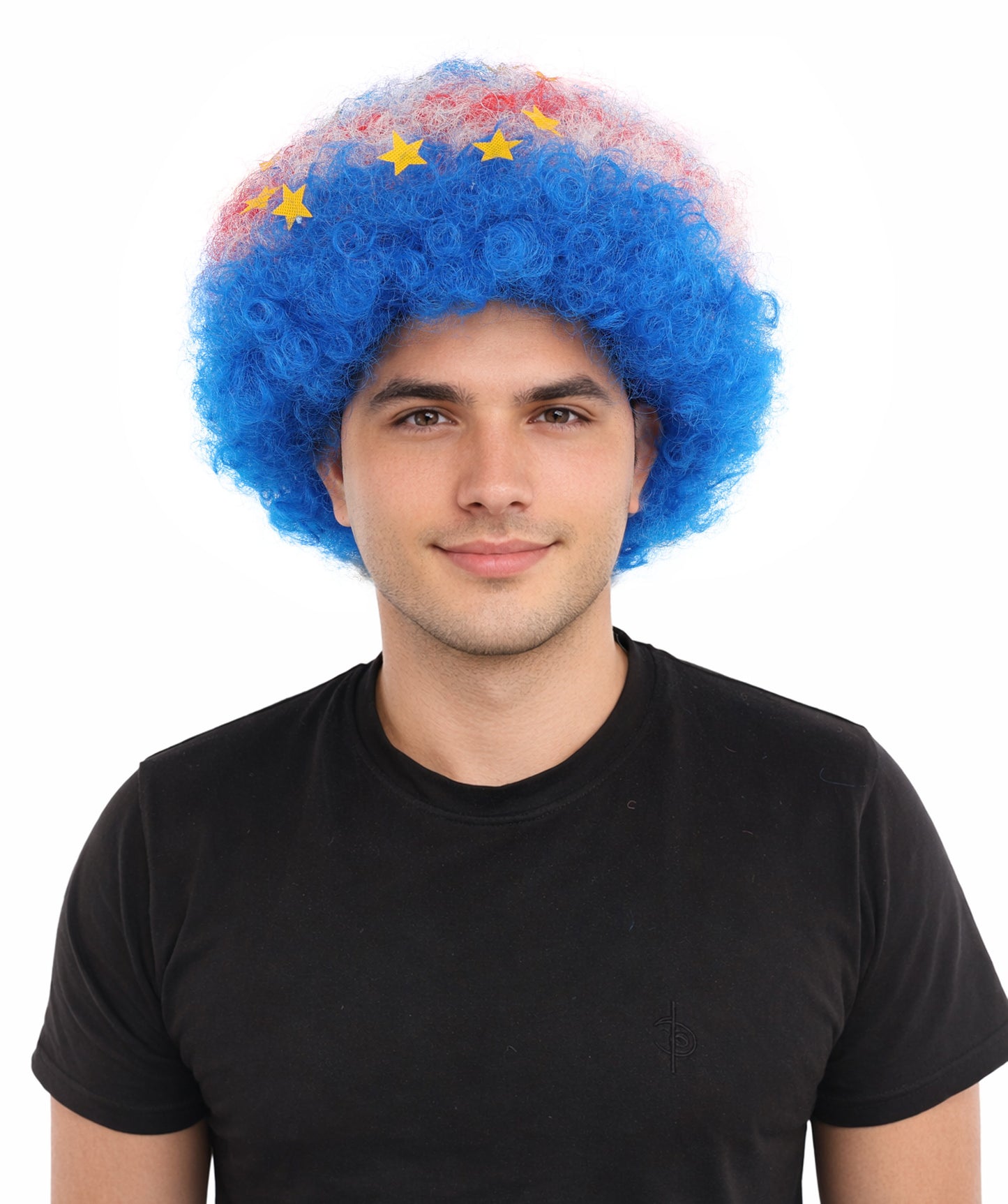 HPO Unisex Cabo Verde Sports Clown Wig – Curly Flag-Themed Wig for Football Fans & Parades  | Synthetic Fiber Headpiece with Standard Cap